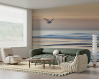 Seagulls over sea horizon mural in home office, modern desk, clean coastal wall decor
