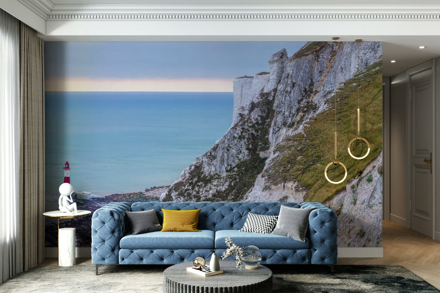 The design has a layered look, showing a long view of the cliffs and the sea.

