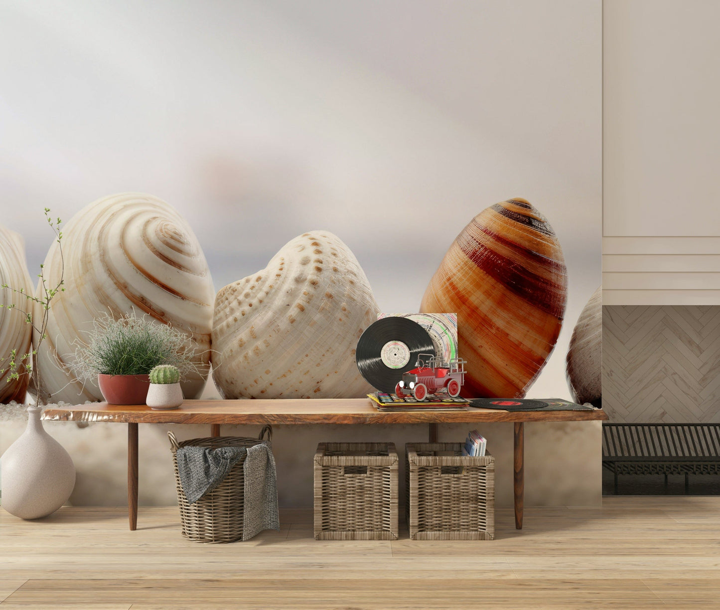 Seaside Calm Wall Mural – Relaxing wall décor featuring natural seashell shapes and oceanic tones.