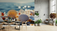 Coastal wall mural with scattered seashells adding natural charm to interiors.