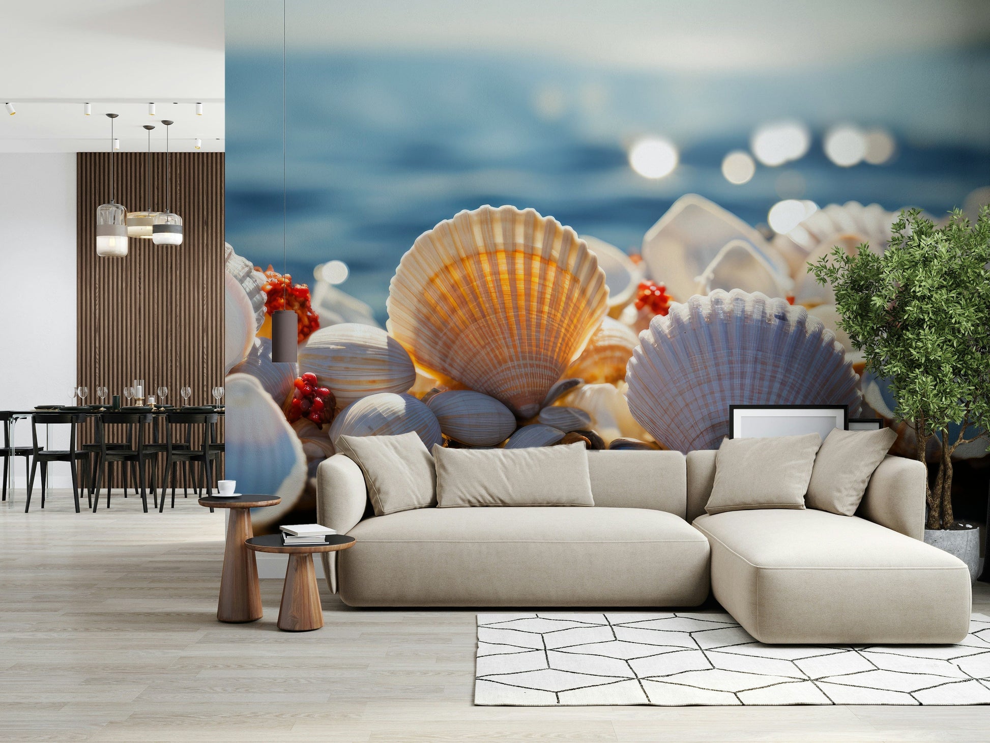 Wall mural featuring intricate seashell designs for bedrooms, bathrooms, or living rooms.