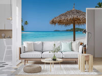Nautical blue seaside calm wall mural for hallway decor.
