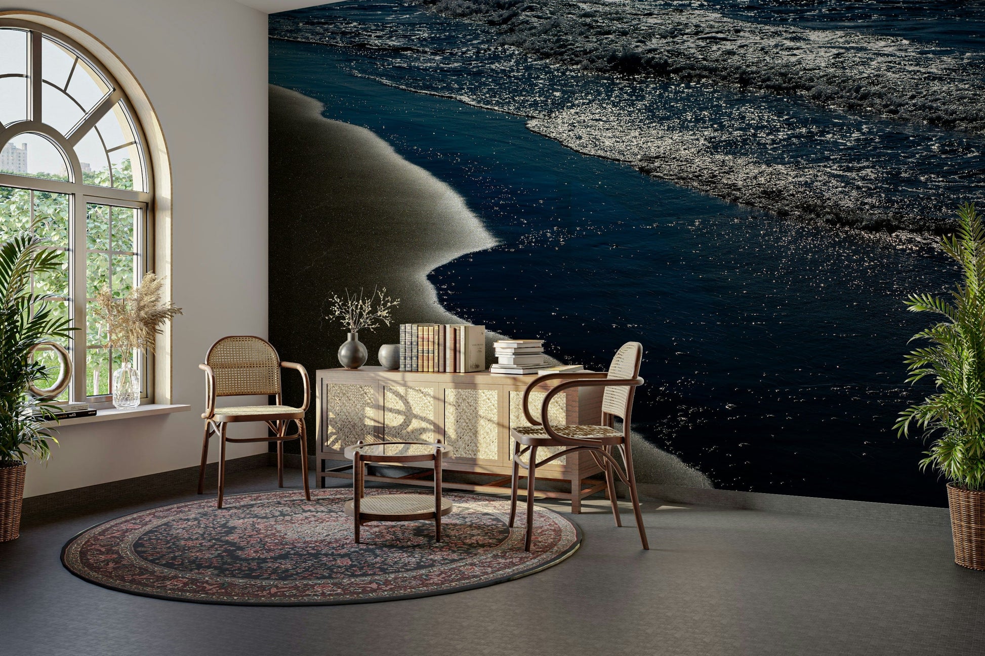 A tranquil ocean scene wall mural for nautical decor.

