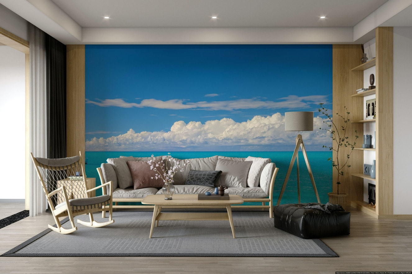 Seaside Dreams Wall Mural with bright blue ocean view.

