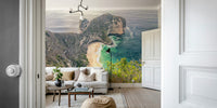 Calming coastal wallpaper mural in soft natural tones

