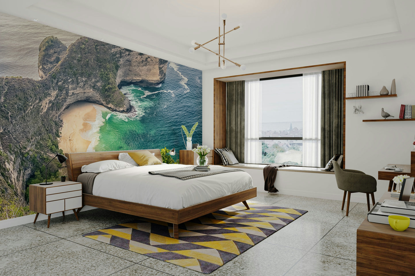 Coastal wall mural with serene sandy beach scene

