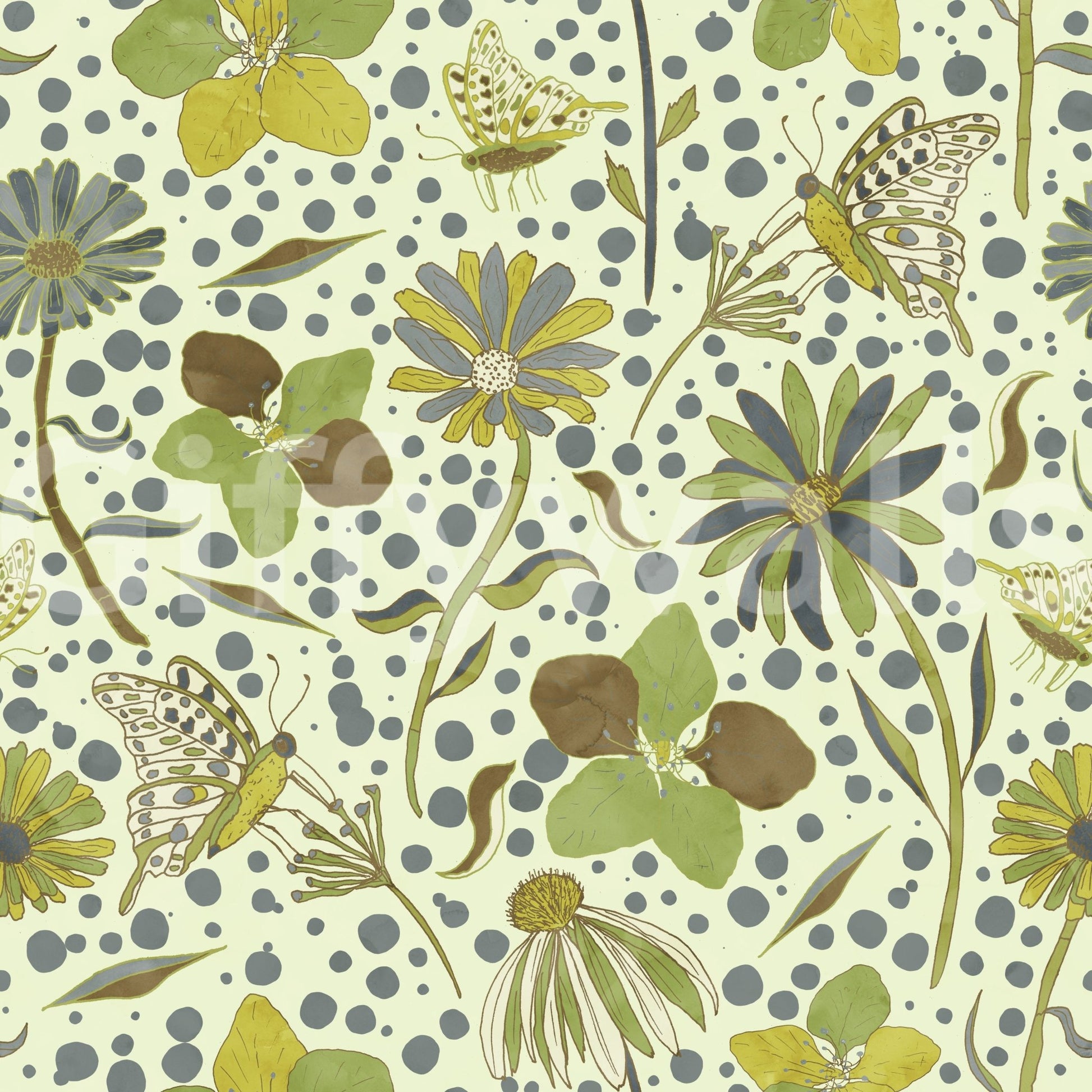 Close-up of a green flower on the wallpaper.

