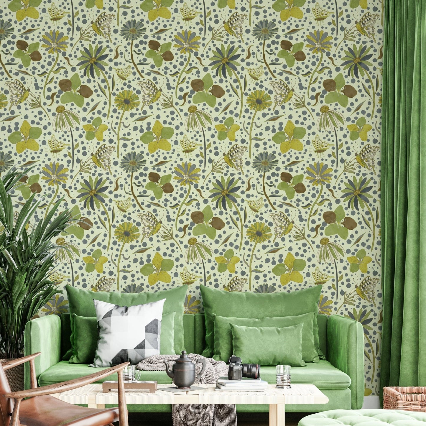 Floral and butterfly pattern wallpaper.

