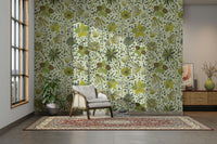 Green wallpaper with flowers and butterflies.

