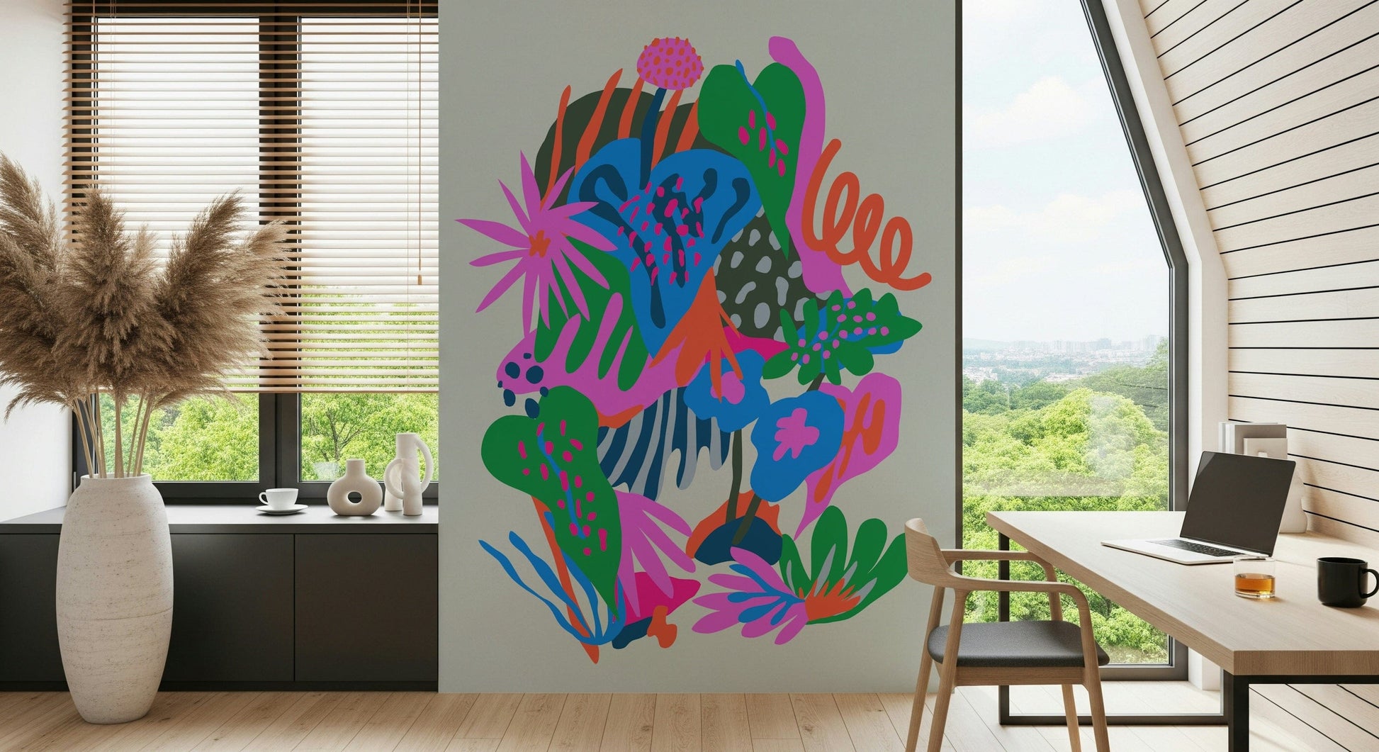 A beautiful secret garden wallpaper mural with lush flowers and foliage.