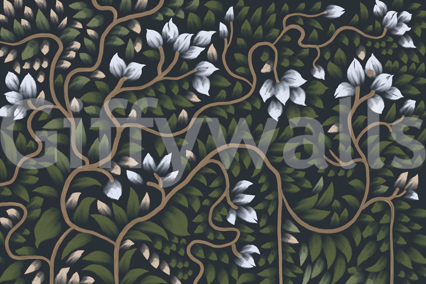 Serene nature Whispering Secrets peel and stick wallpaper leafy backdrop.