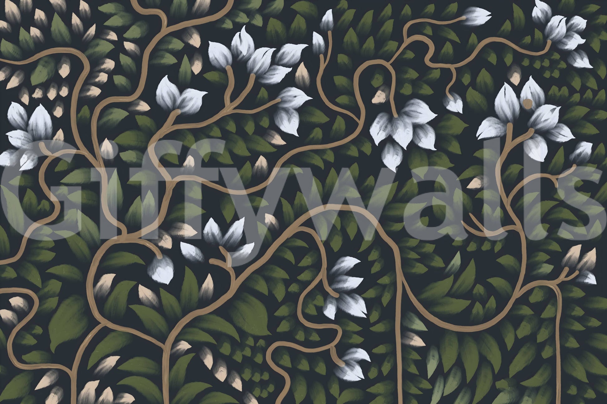 Serene nature Whispering Secrets peel and stick wallpaper leafy backdrop.