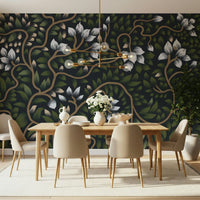 Whispering Secrets twilight flora wallpaper for walls adds mystery.