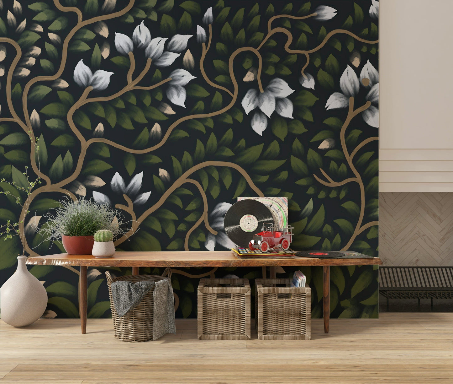 Whispering Secrets organic vine pattern peel and stick wallpaper design.