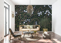 Elegant floral Whispering Secrets wallpaper for walls in deep emerald.