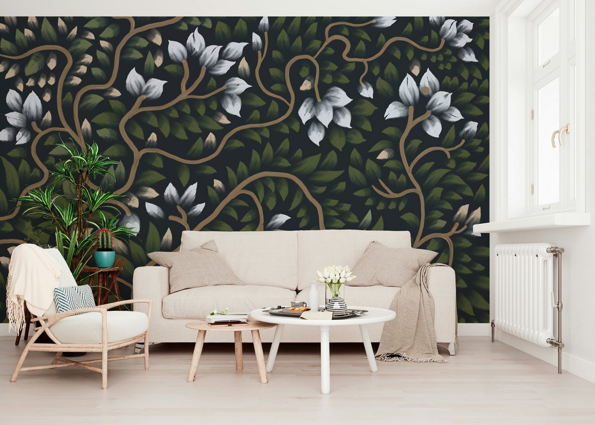Whispering Secrets midnight garden wall mural featuring hand-painted leaves.