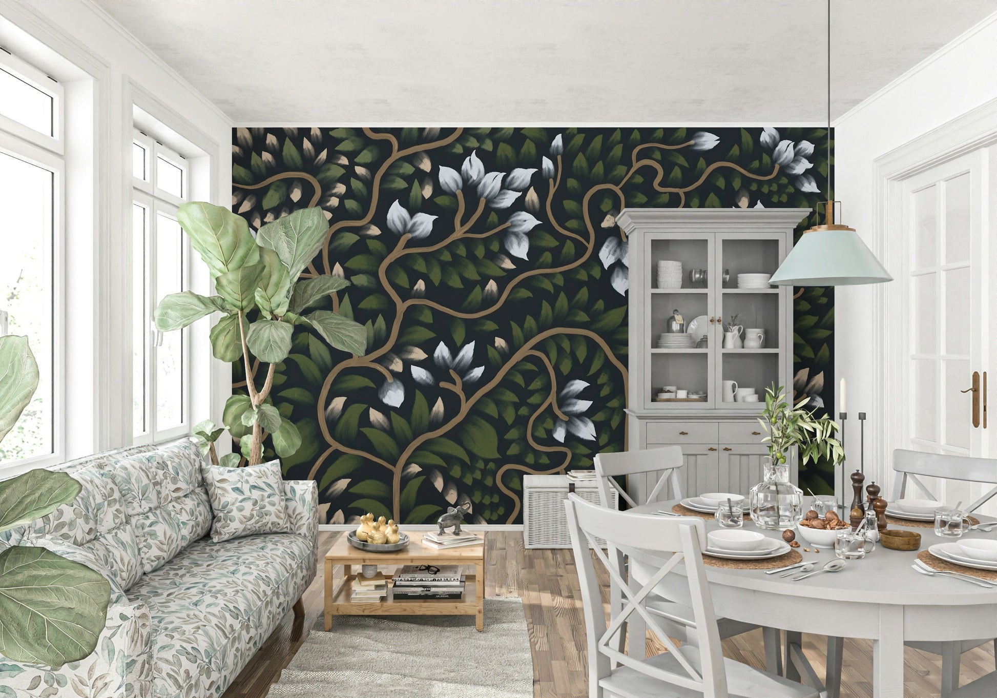 Moody foliage Whispering Secrets peel and stick wallpaper mural art.