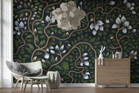 Whispering Secrets dark botanical wallpaper for walls with curvy vines.