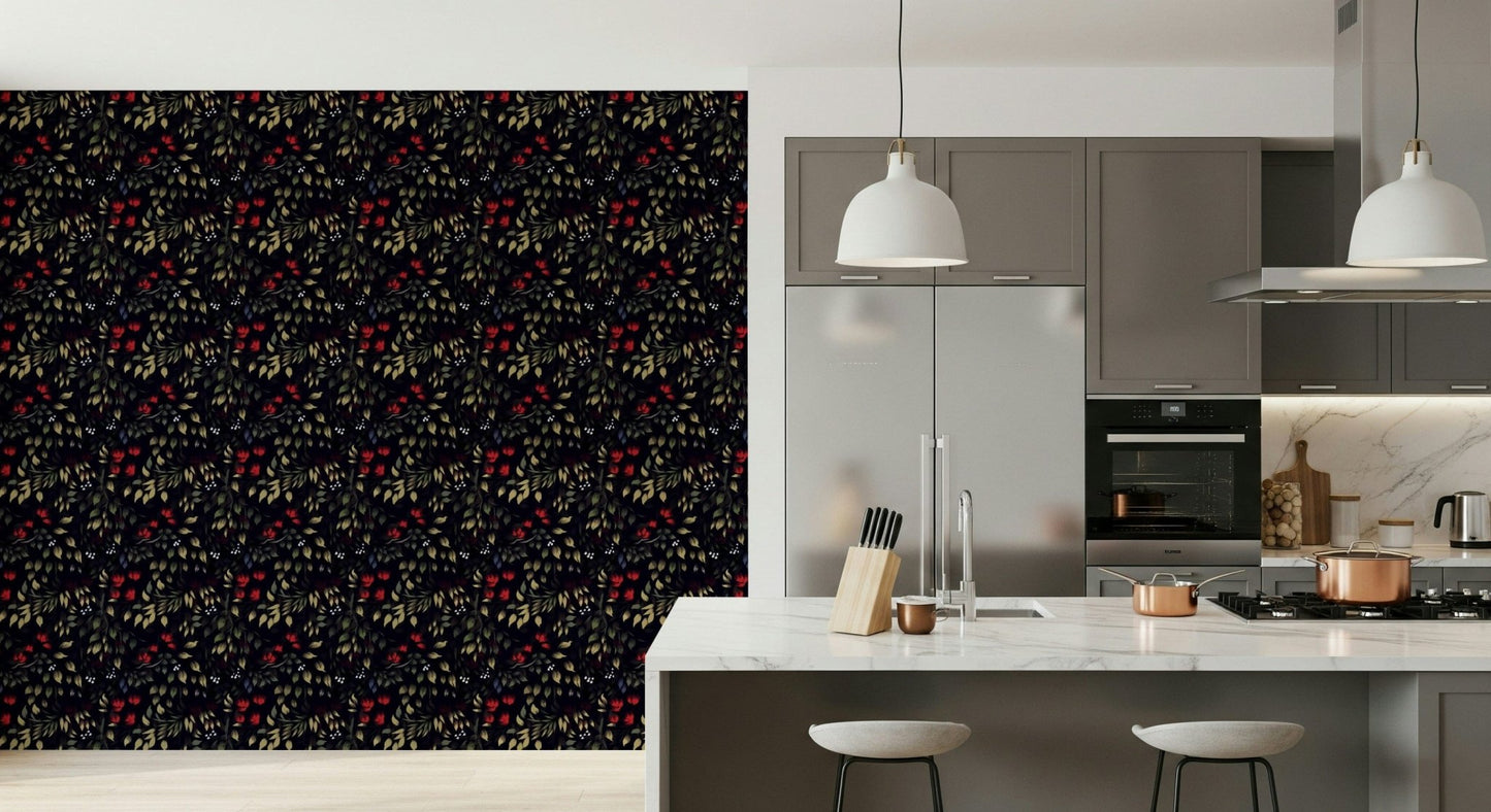 Whimsical dark floral wallpaper evoking a hidden secret garden