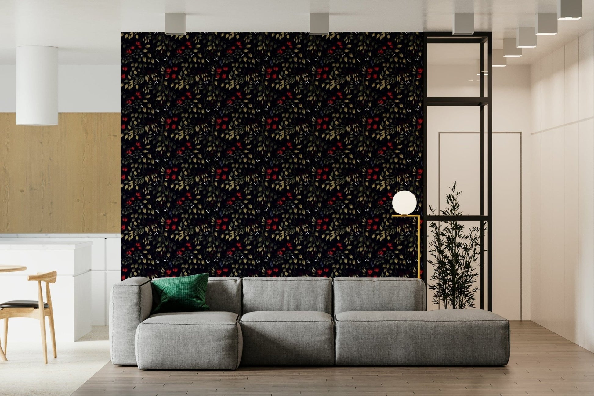 Vibrant wallpaper with intricate dark garden patterns and botanical details
