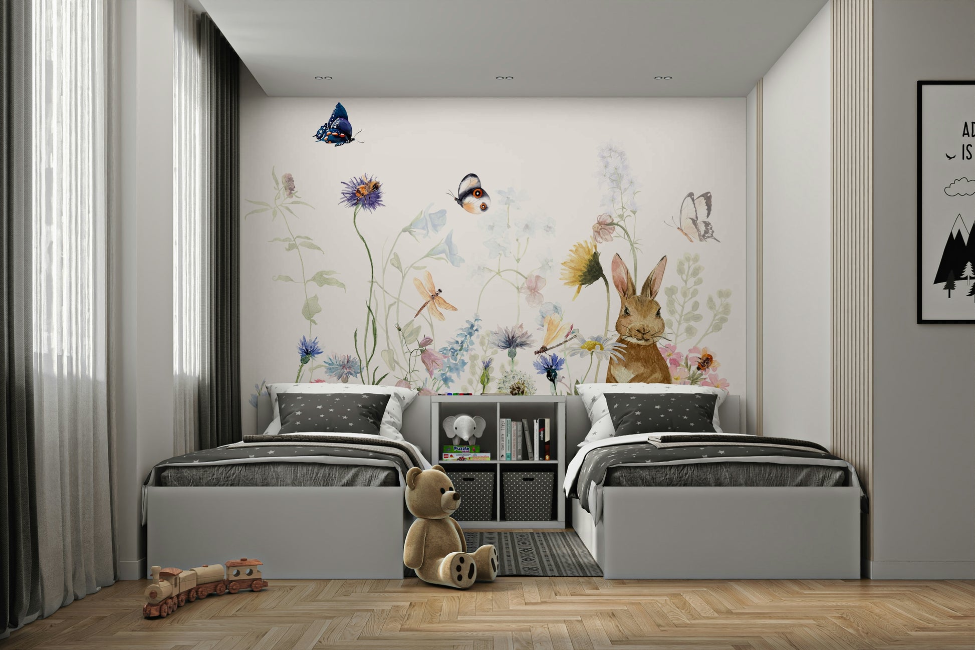 Nature-themed wall mural with animals

