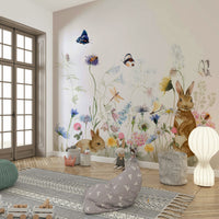 Bunny and floral mural wallpaper

