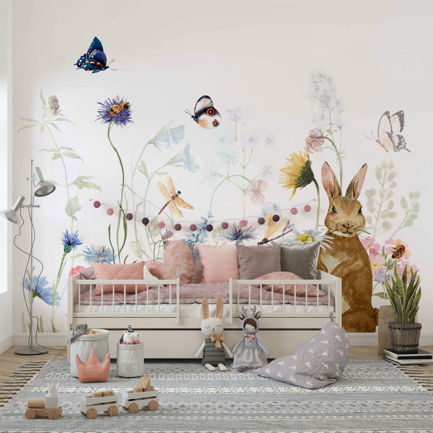 Rabbit-themed mural wallpaper for kids’ rooms

