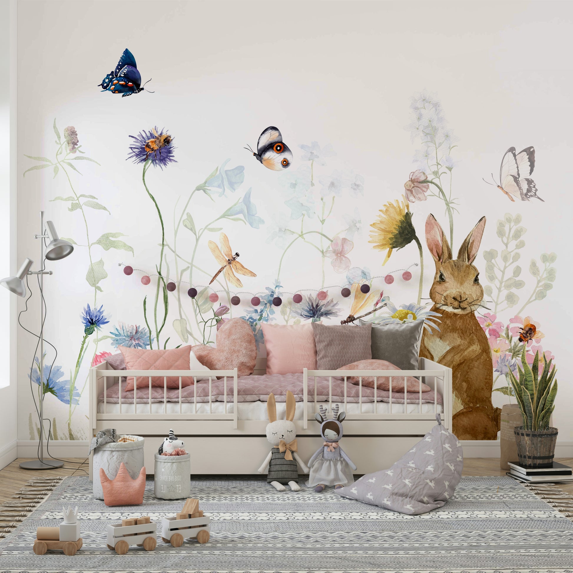 Rabbit-themed mural wallpaper for kids’ rooms

