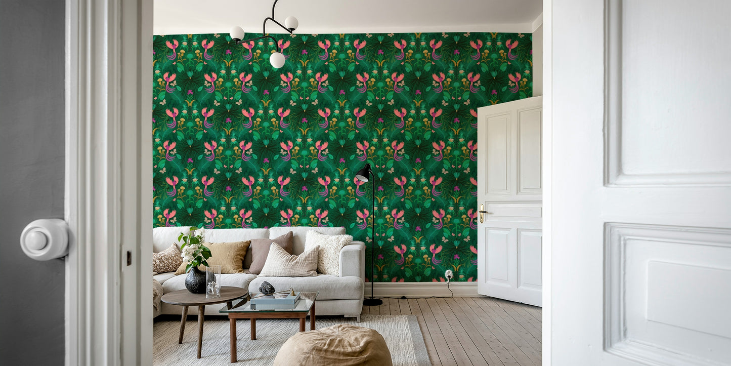 Mysterious floral wallpaper with hidden garden vibe

