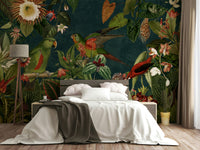 Wall mural with tropical foliage and vintage garden elements

