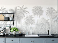 Self adhesive Palm Tree Wall Mural in a kitchen with blue cabinets and a white countertop for a fresh tropical touch.
