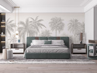 Removable self adhesive Palm Tree Wall Mural behind a dark green bed headboard for a sophisticated safari style.
