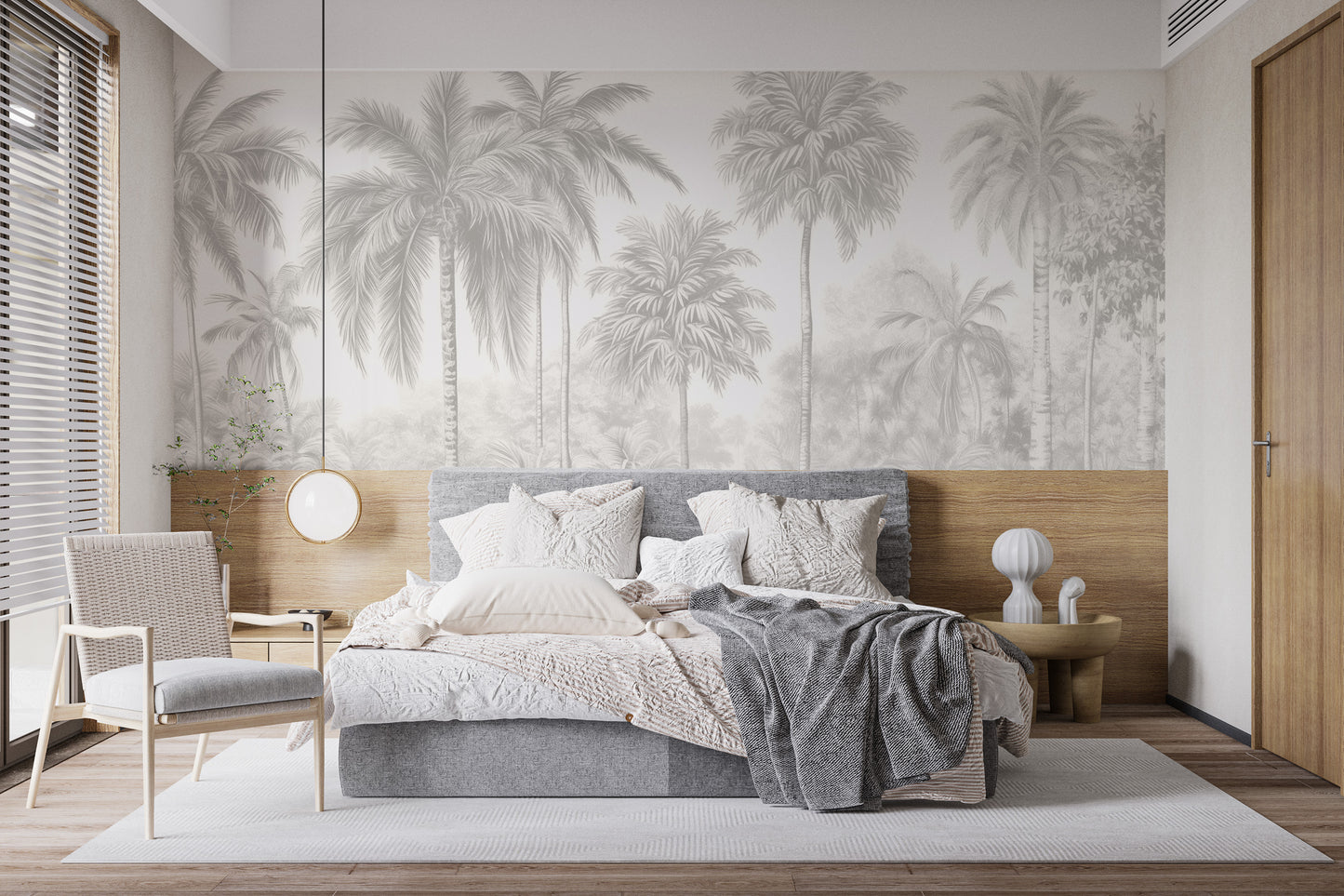 Standard finish Palm Tree Wall Mural in a bright bedroom with white bedding and light wood accents for a clean style.
