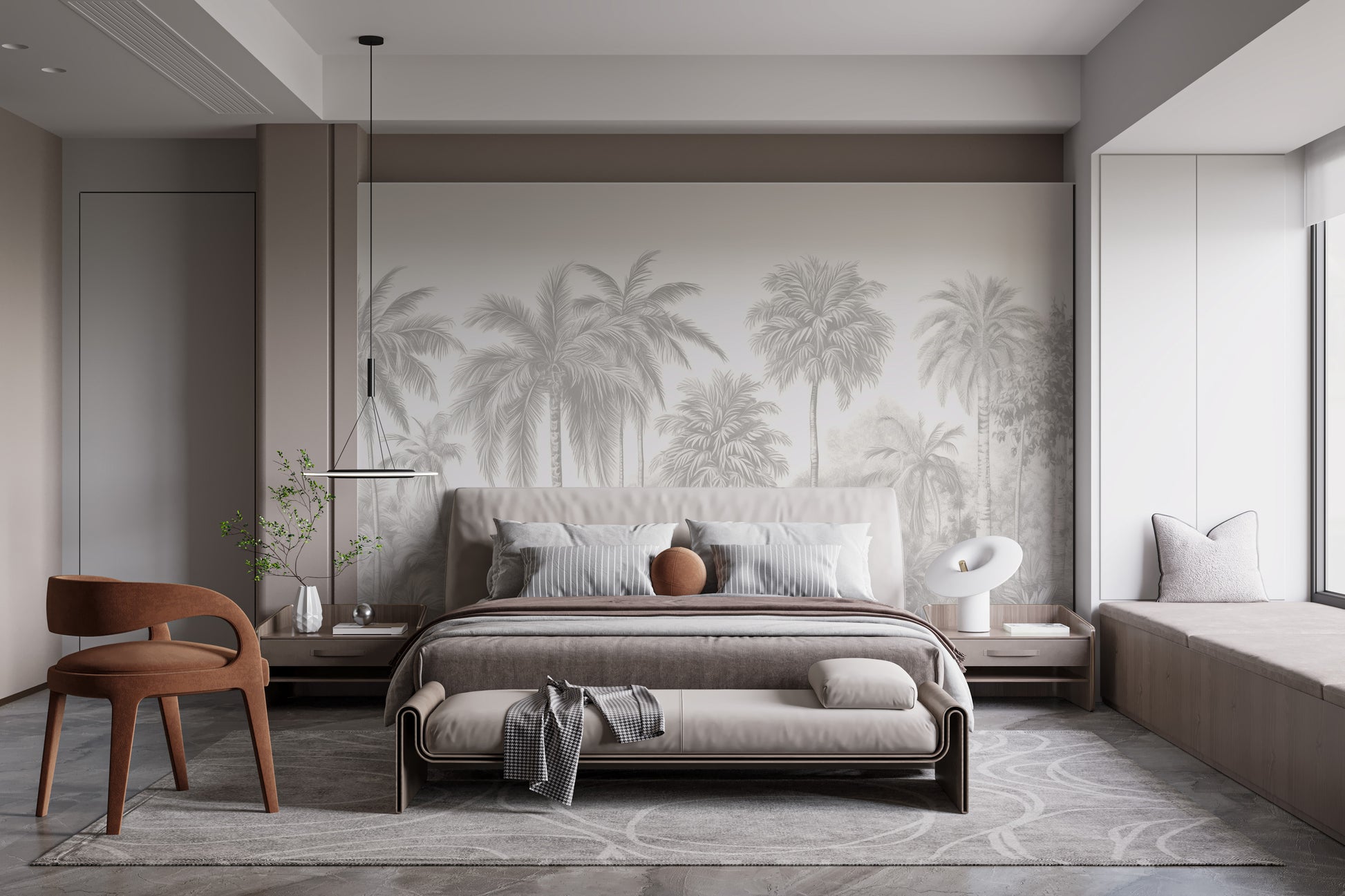 Canvas Palm Tree Wall Mural in a minimalist bedroom with neutral bedding and soft natural light for a serene look.