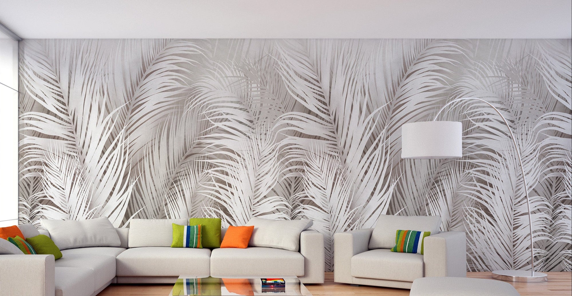Seraphic Feather Array wallpaper mural in soft beige behind a white sectional sofa with colorful pillows