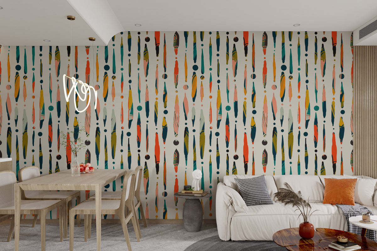 Vibrant Brushstroke Symphony wallpaper with teal and orange vertical brushstrokes behind a white sofa and dining table in a living room
