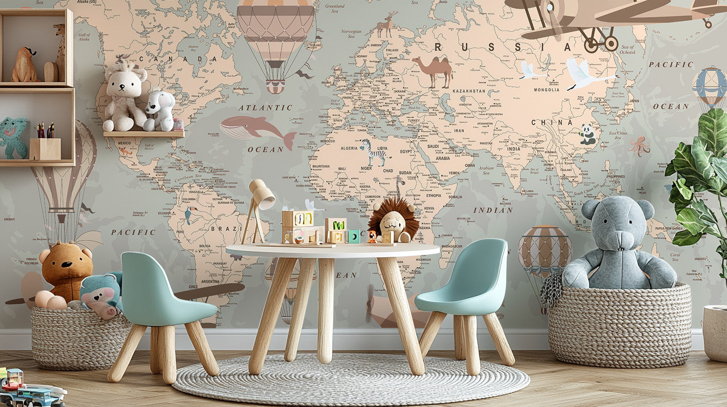 Peel and stick Vintage Aeronautical World Mural in a playroom with blue chairs and a wooden play table.