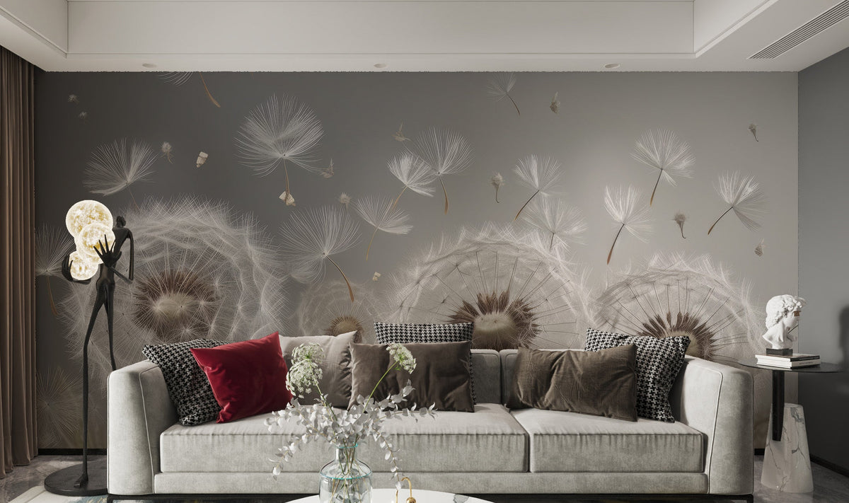 Dandelion Drifts wallpaper mural of white seed-heads on a grey wall above a grey sofa with red and houndstooth cushions