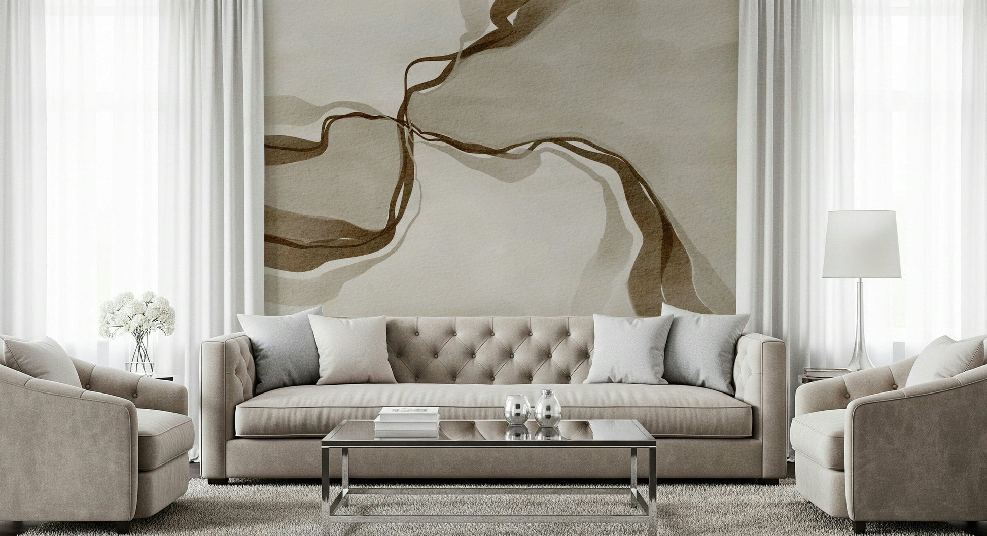 Organic Whispers of Sepia art with flowing mocha lines for modern decor.