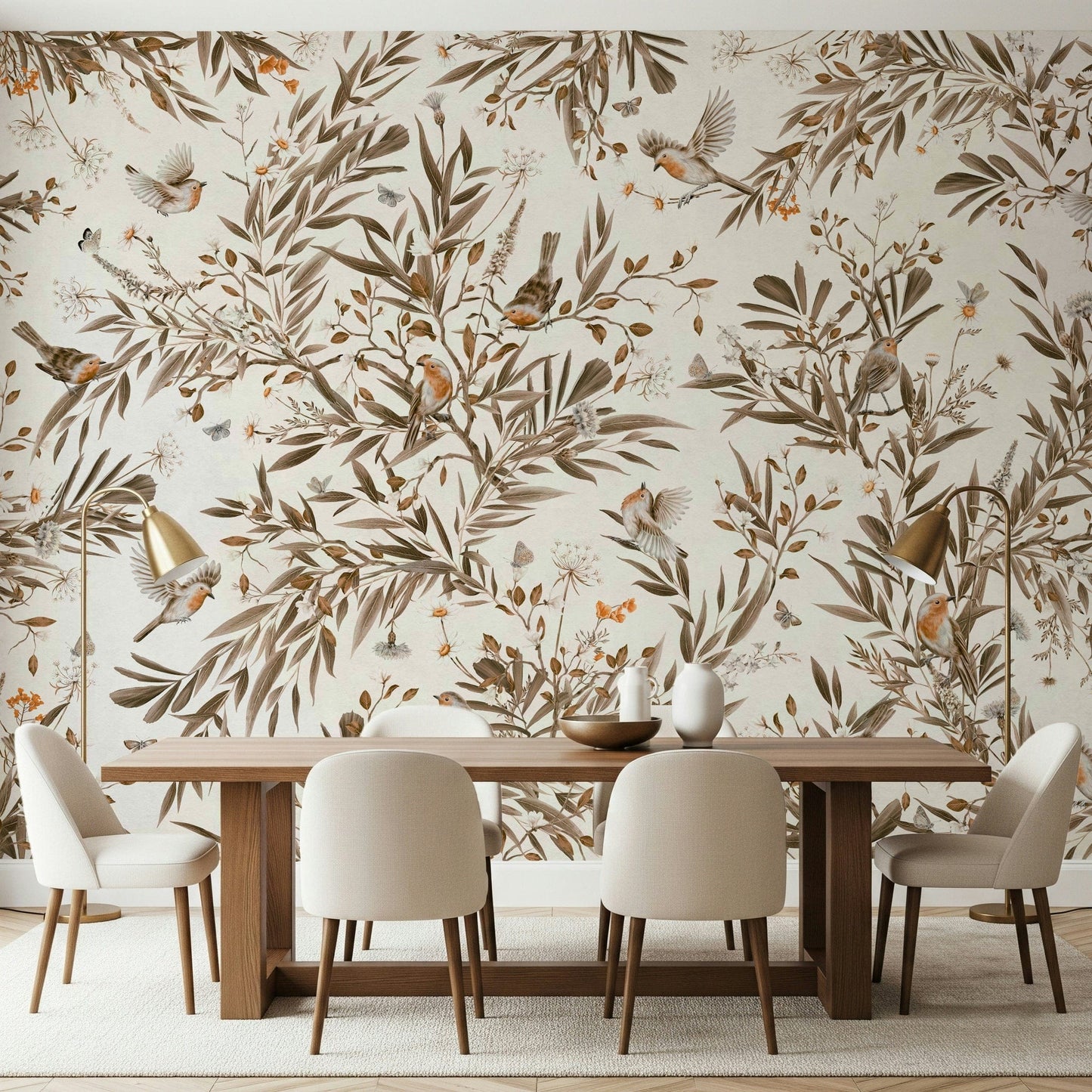 Soft botanical composition of birds and blossoms in calming sepia shades