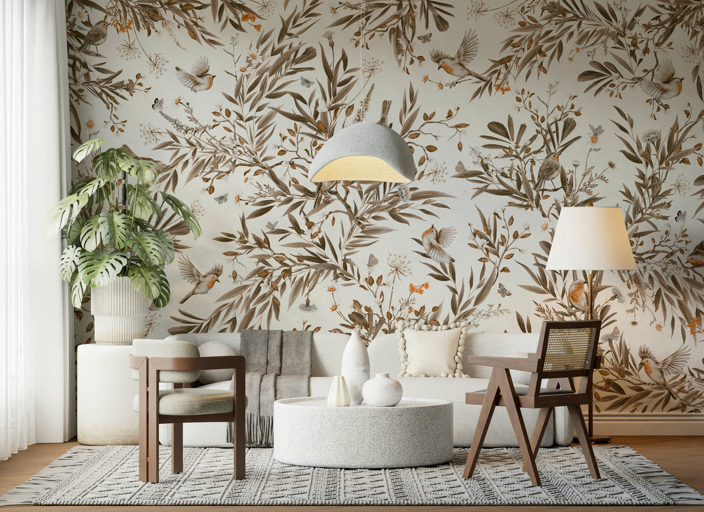 Artistic sepia mural of birds resting on floral branches, evoking timeless beauty