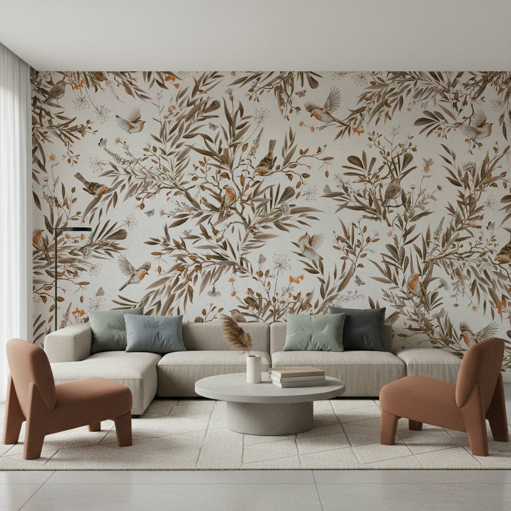 Tranquil wall mural showing songbirds and blossoms in a muted sepia palette