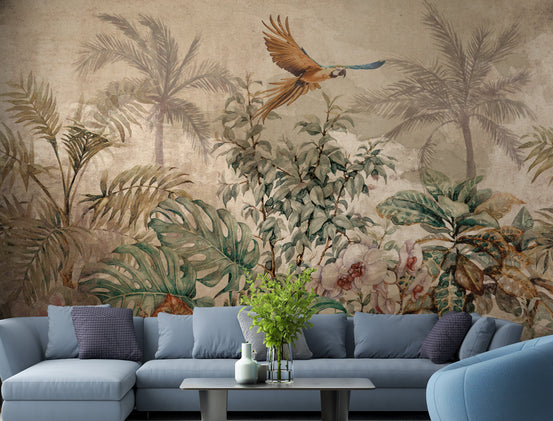 Sepia Colored Tropical Forest wallpaper mural shown as a full feature wall that highlights the design