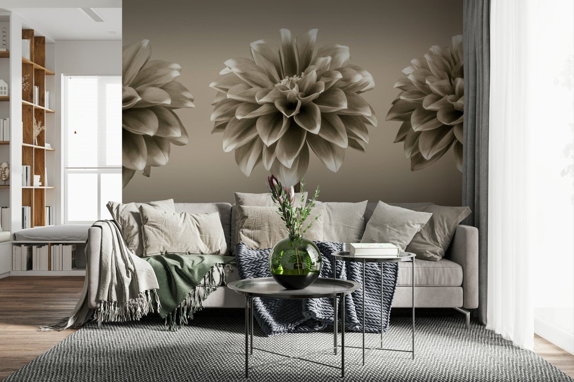 Sepia dahlia flowers wall mural in neutral