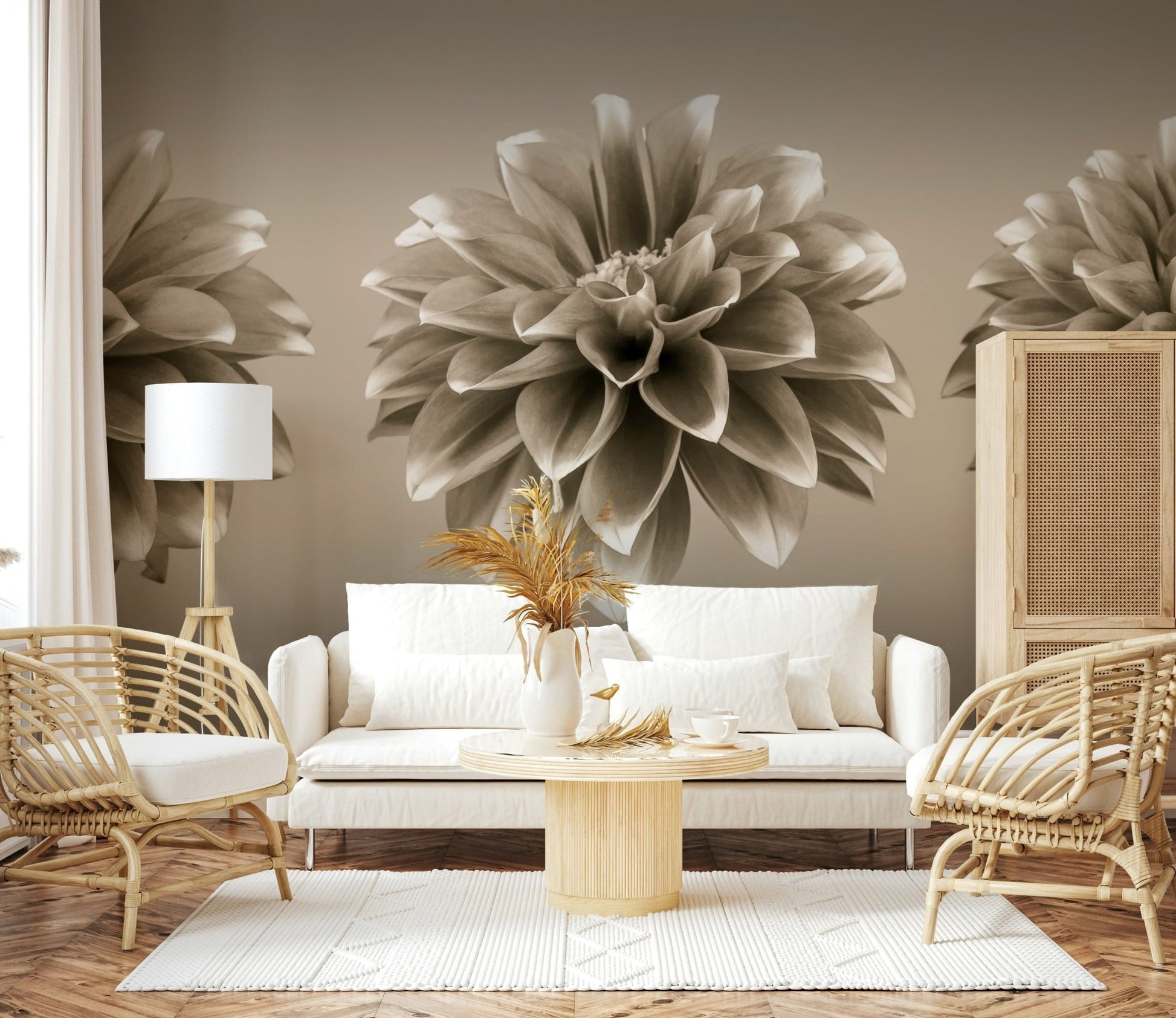 Elegant flower trio wall mural on beige