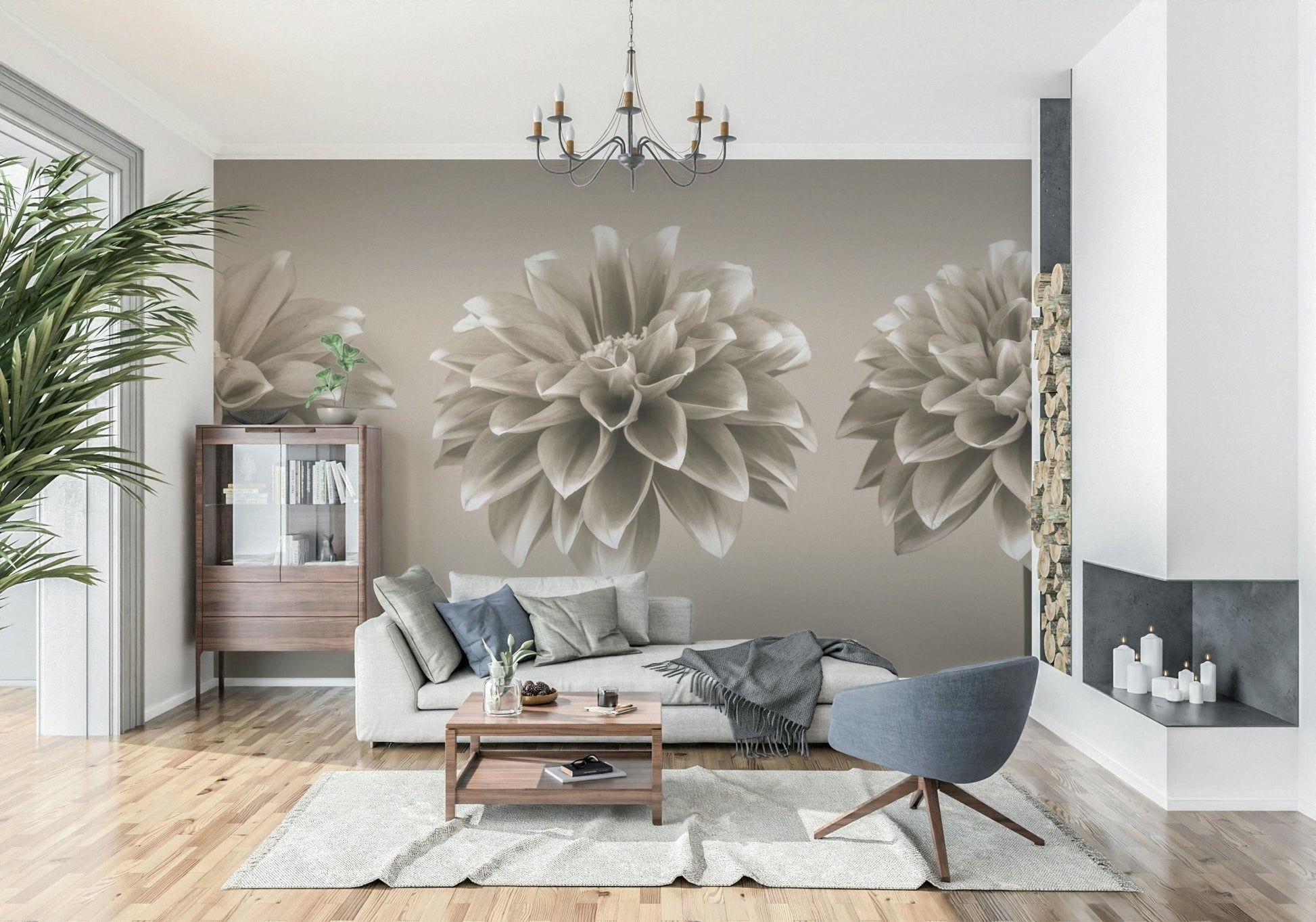 Artistic dahlia wall mural in sepia shades