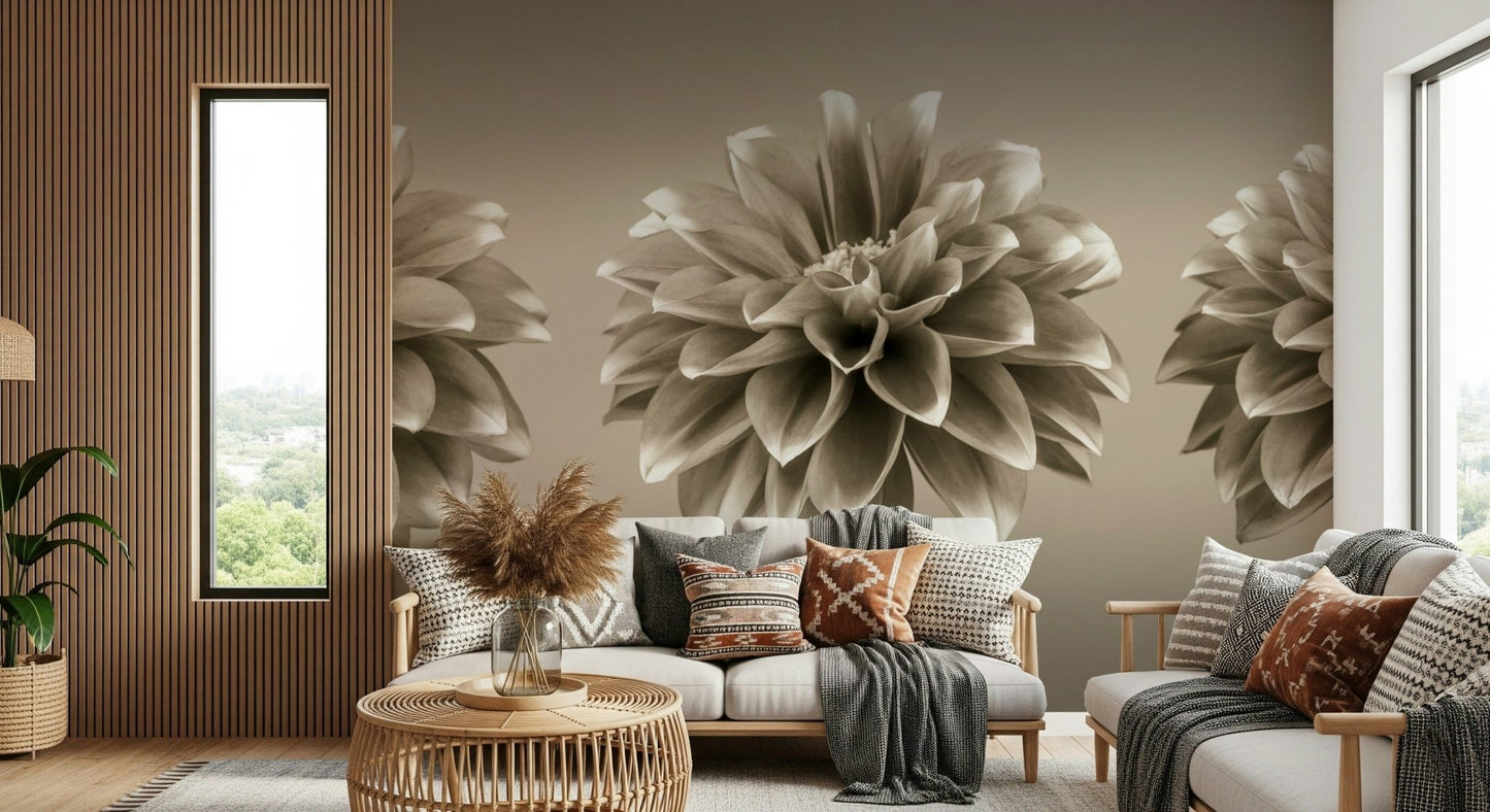 Monochrome floral wall mural with three blooms