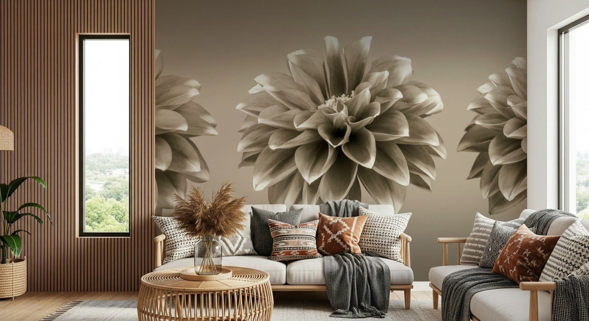 Monochrome floral wall mural with three blooms