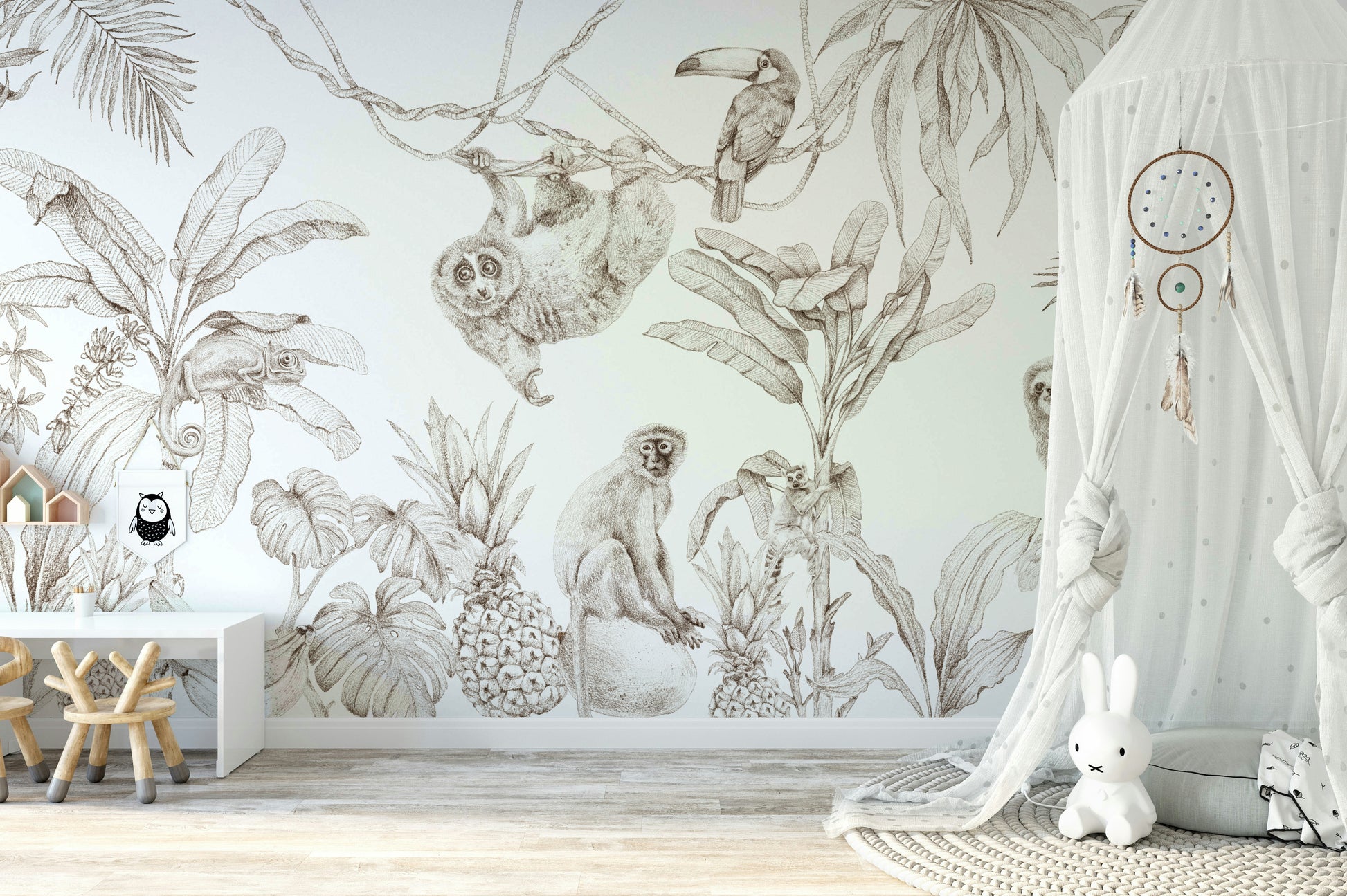 Hand-drawn sepia jungle wall mural

