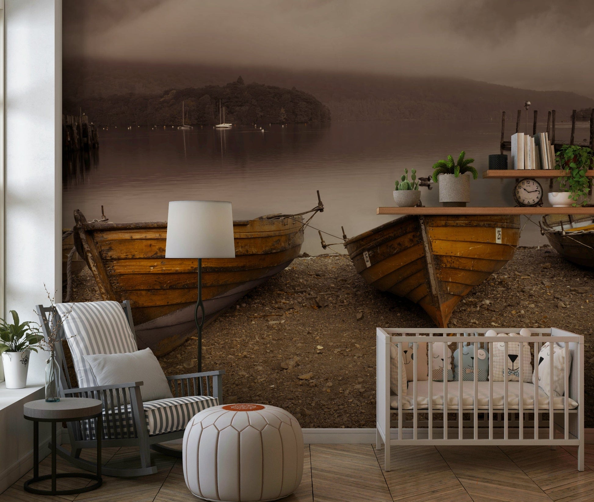 Vintage lake wallpaper with classic wooden rowboats and hazy sepia mountains in the distance.
